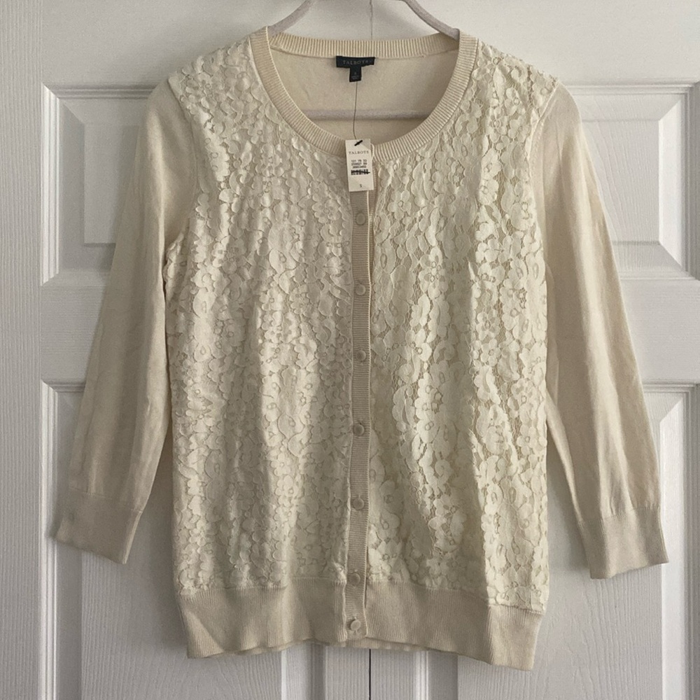 NWT Talbots Cardigan Sweater w/ Lace Overlay on Front - Size Small